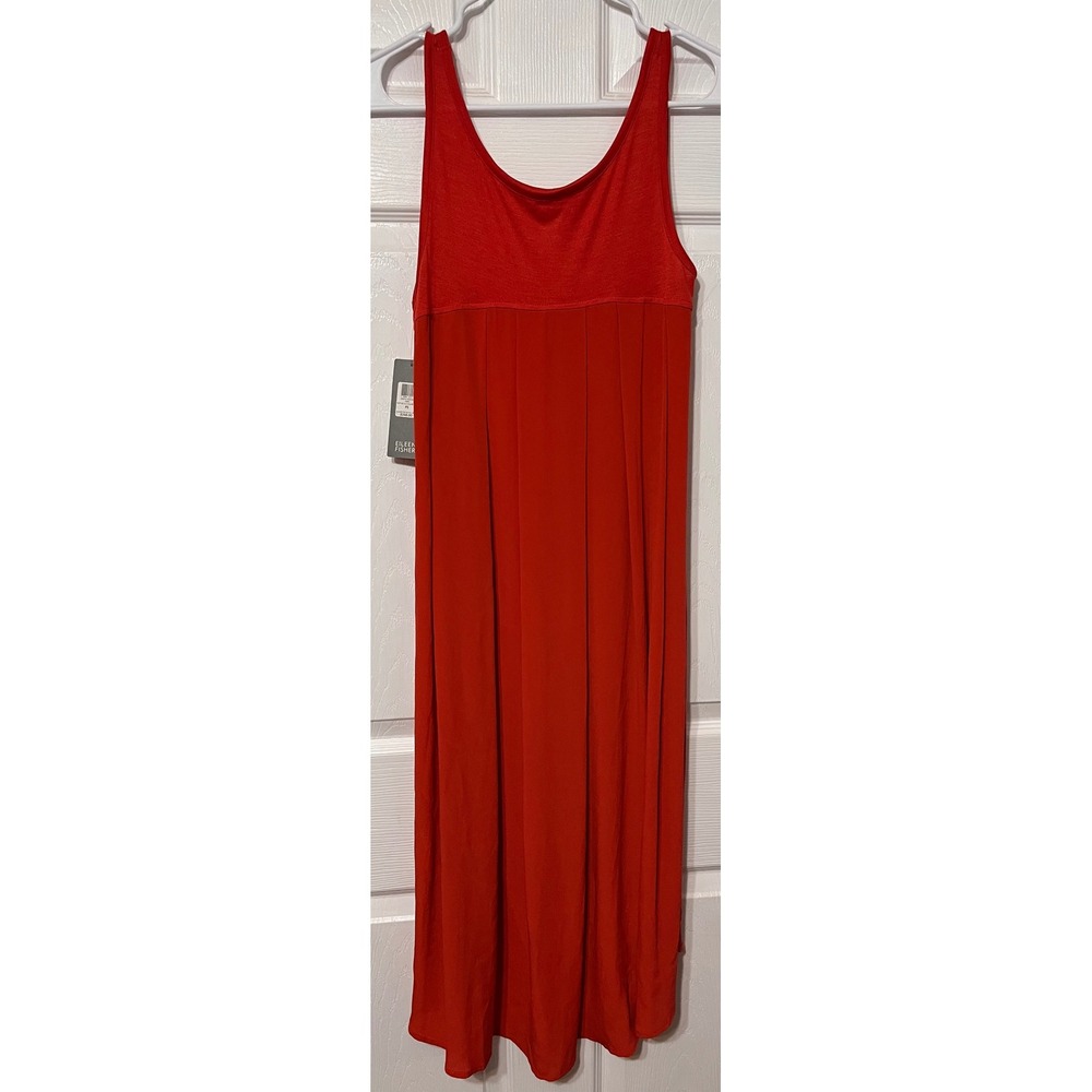 Eileen Fisher NWT Silk Cotton Scoop Neck Flare Midi Dress Firefly Red PS
